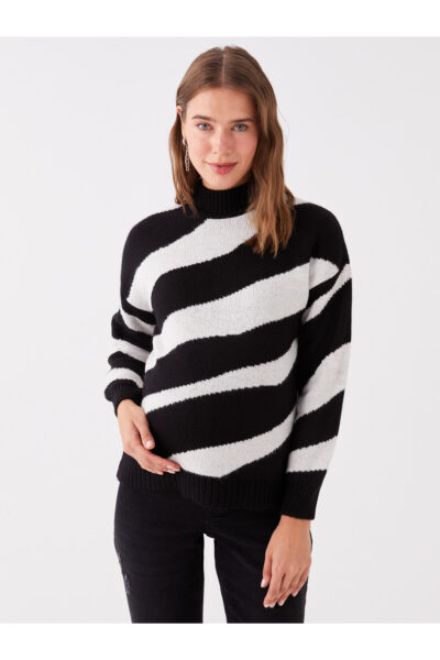 Yarim Balikci Yaka Desenli Uzun Kollu Hamile Triko Kazak - Resim 2