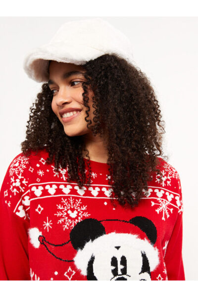 Bisiklet Yaka Mickey Mouse Baskili Uzun Kollu Kadin Triko Kazak - Resim 2