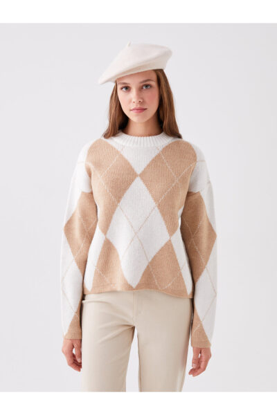 Bisiklet Yaka Desenli Uzun Kollu Oversize Kadin Triko Kazak - Resim 2