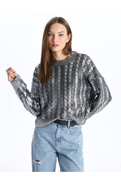 Bisiklet Yaka Kendinden Desenli Uzun Kollu Kadin Metalik Triko Kazak - Resim 2