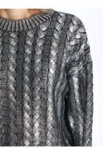 Bisiklet Yaka Kendinden Desenli Uzun Kollu Kadin Metalik Triko Kazak - Resim 4