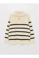 Ceket Yaka Cizgili Uzun Kollu Oversize Kadin Triko Kazak - Resim 1