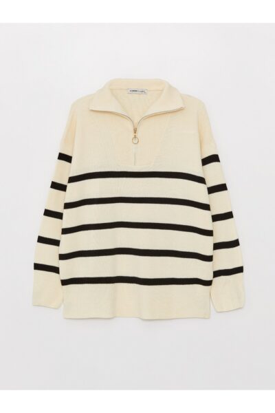 Ceket Yaka Cizgili Uzun Kollu Oversize Kadin Triko Kazak - Resim 1