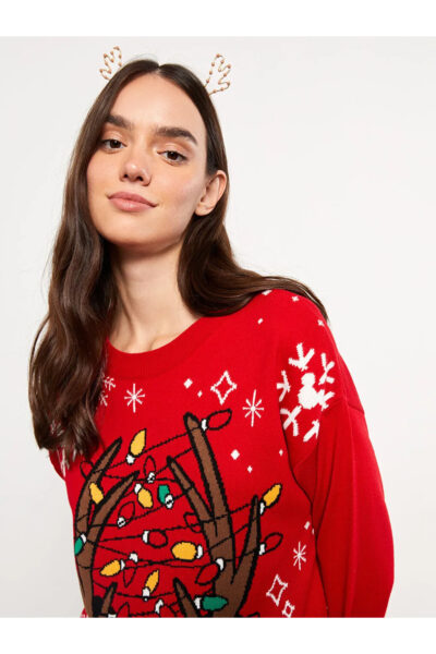 Bisiklet Yaka Yilbasi Temali Uzun Kollu Kadin Triko Kazak - Resim 2