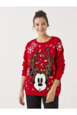 Bisiklet Yaka Yilbasi Temali Uzun Kollu Kadin Triko Kazak - Resim 4