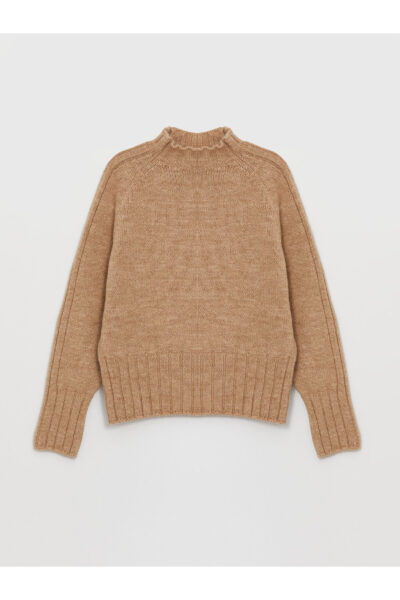 Yarim Balikci Yaka Duz Uzun Kollu Kadin Triko Kazak - Resim 1