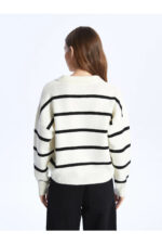 Lcw Casual Polo Yaka Cizgili Uzun Kollu Oversize Kadin Triko Kazak - Resim 2