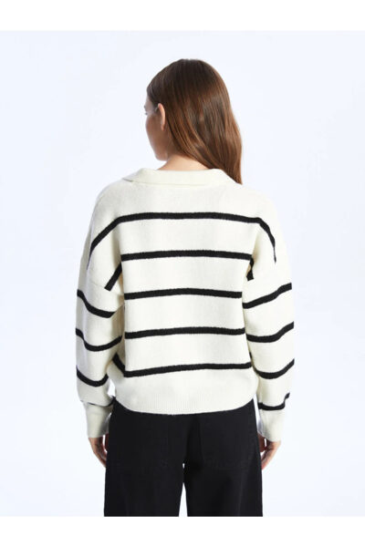 Lcw Casual Polo Yaka Cizgili Uzun Kollu Oversize Kadin Triko Kazak - Resim 2