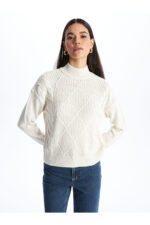 Yarim Balikci Yaka Kendinden Desenli Uzun Kollu Kadin Triko Kazak - Resim 2