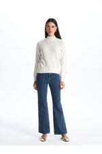 Yarim Balikci Yaka Kendinden Desenli Uzun Kollu Kadin Triko Kazak - Resim 3