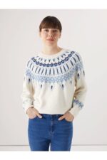 Lcwaikiki Basic Ekru Bisiklet Yaka Desenli Kadin Triko Kazak - Resim 1