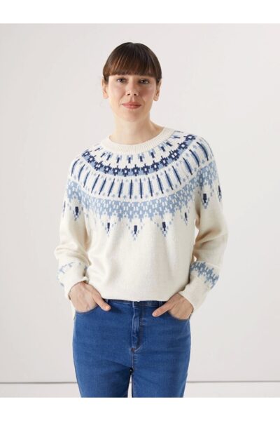 Lcwaikiki Basic Ekru Bisiklet Yaka Desenli Kadin Triko Kazak - Resim 1