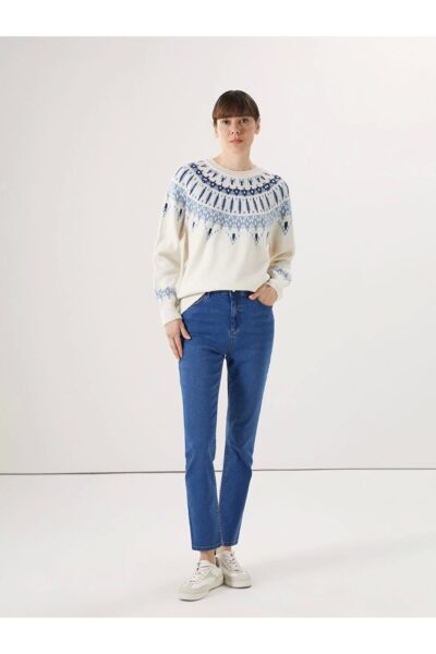 Lcwaikiki Basic Ekru Bisiklet Yaka Desenli Kadin Triko Kazak - Resim 2