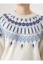 Lcwaikiki Basic Ekru Bisiklet Yaka Desenli Kadin Triko Kazak - Resim 3