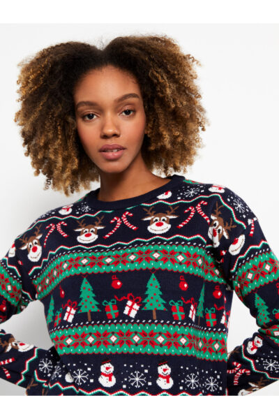 Bisiklet Yaka Yilbasi Temali Uzun Kollu Kadin Triko Kazak - Resim 2