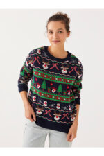 Bisiklet Yaka Yilbasi Temali Uzun Kollu Kadin Triko Kazak - Resim 3