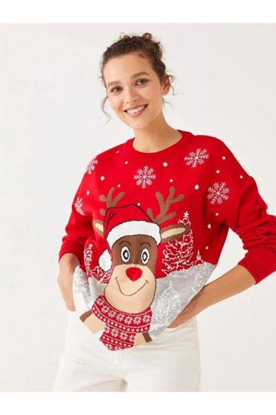 Yilbasi Temali Uzun Kollu Kadin Triko Kazak - Resim 1