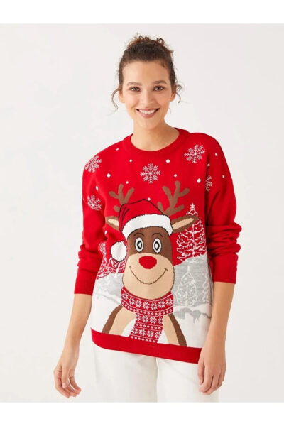 Yilbasi Temali Uzun Kollu Kadin Triko Kazak - Resim 2