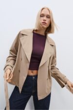 Dokumlu Kisa Kemerli Trenckot - Resim 1