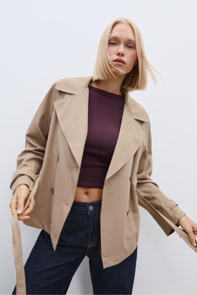 Dokumlu Kisa Kemerli Trenckot - Resim 1