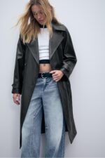 Uzun Suni Deri Trenckot - Resim 3