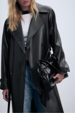 Uzun Suni Deri Trenckot - Resim 4