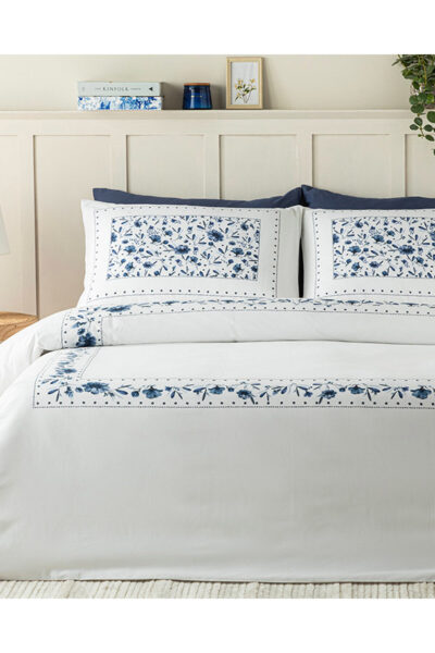 Flower Chain Dijital Baskili Soft Cotton Cift Kisilik Nevresim Takimi Lacivert - Resim 1