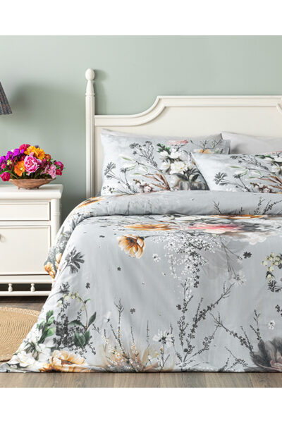 Flower Heaven Dijital Baskili Soft Cotton Cift Kisilik Nevresim Takimi Gri - Resim 1