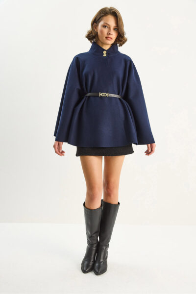 Kadin Gold Dugme Detayli Dik Yaka Kemerli Panco 60282033 - Resim 2