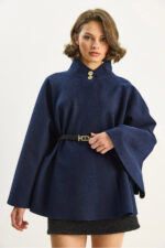 Kadin Gold Dugme Detayli Dik Yaka Kemerli Panco 60282033 - Resim 4