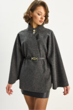 Kadin Gold Dugme Detayli Dik Yaka Kemerli Panco 60282033 - Resim 4