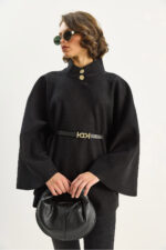 Kadin Gold Dugme Detayli Dik Yaka Kemerli Panco 60282033 - Resim 2