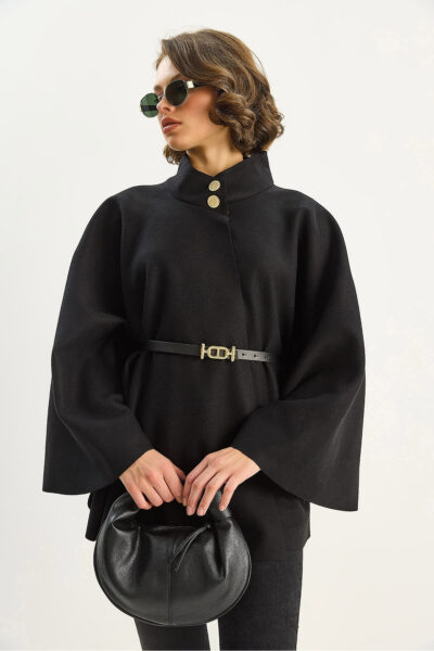 Kadin Gold Dugme Detayli Dik Yaka Kemerli Panco 60282033 - Resim 2