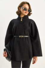 Kadin Gold Dugme Detayli Dik Yaka Kemerli Panco 60282033 - Resim 3