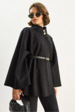 Kadin Gold Dugme Detayli Dik Yaka Kemerli Panco 60282033 - Resim 4