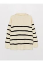 Ceket Yaka Cizgili Uzun Kollu Oversize Kadin Triko Kazak - Resim 2