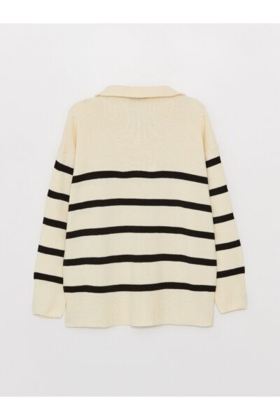 Ceket Yaka Cizgili Uzun Kollu Oversize Kadin Triko Kazak - Resim 2