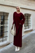 Bordo Bisiklet Yaka Sac Orgulu Kadin Triko Midi Elbise - Resim 2