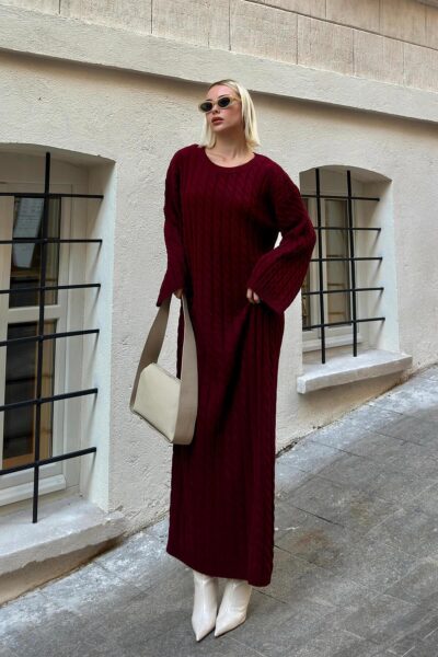 Bordo Bisiklet Yaka Sac Orgulu Kadin Triko Midi Elbise - Resim 2