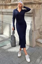 Lacivert Polo Yaka Kol Detay Kadin Triko Midi Elbise - Resim 1