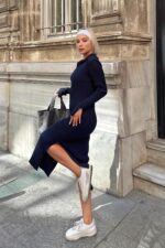 Lacivert Polo Yaka Kol Detay Kadin Triko Midi Elbise - Resim 2