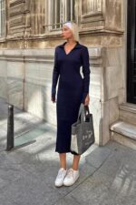 Lacivert Polo Yaka Kol Detay Kadin Triko Midi Elbise - Resim 3