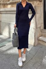 Lacivert Polo Yaka Kol Detay Kadin Triko Midi Elbise - Resim 4