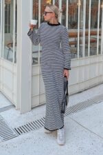 Siyah Algo Cizgili Bisiklet Yaka Ispanyol Kol Kadin Midi Triko Elbise - Resim 1