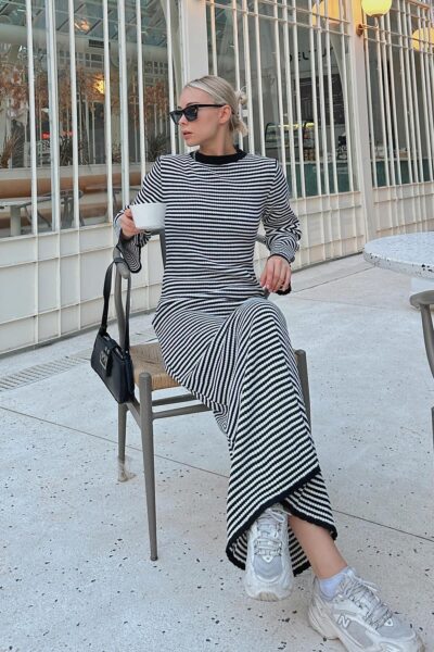 Siyah Algo Cizgili Bisiklet Yaka Ispanyol Kol Kadin Midi Triko Elbise - Resim 2