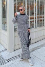 Siyah Algo Cizgili Bisiklet Yaka Ispanyol Kol Kadin Midi Triko Elbise - Resim 3