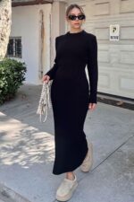 Siyah Bria Bisiklet Yaka Kadin Kalin Triko Midi Elbise - Resim 1