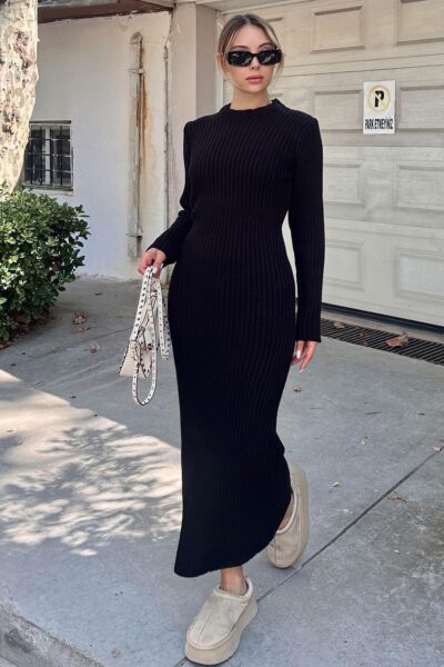 Siyah Bria Bisiklet Yaka Kadin Kalin Triko Midi Elbise - Resim 1