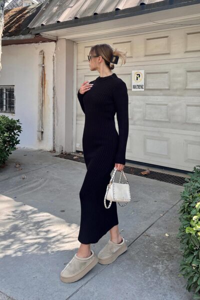 Siyah Bria Bisiklet Yaka Kadin Kalin Triko Midi Elbise - Resim 2