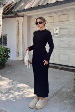 Siyah Bria Bisiklet Yaka Kadin Kalin Triko Midi Elbise - Resim 3